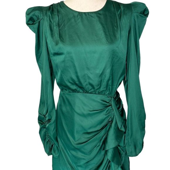 ASTR Cascade Long Sleeve Ruffle Front Mini Dress Green Satin | Size XL - Picture 3 of 11